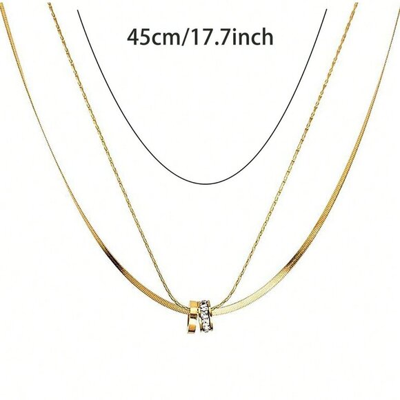 Silver Casual Women's Stainless Steel Round Cz Inlaid Double Layer Necklace - Picture 3 of 14